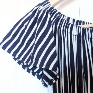 Navy + White Slim Striped Long Dress w Flutter Sleeves. XS.